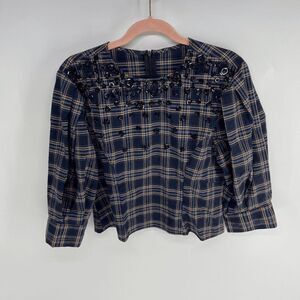 Plaid Cropped Boxy blue green floral sequin embellished crew neck blouse women 2